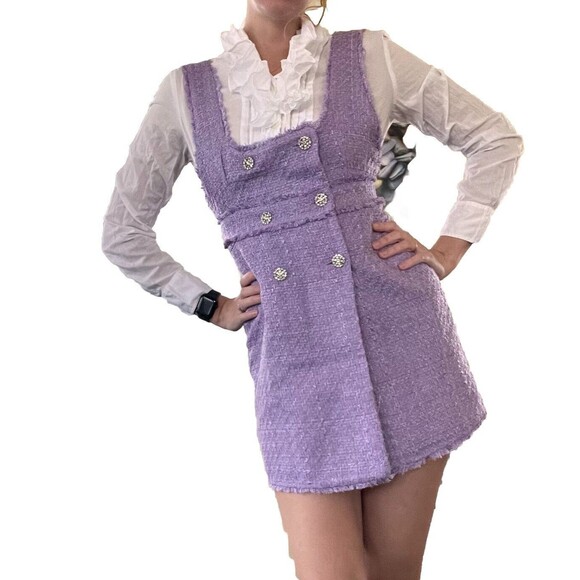NWT ZARA Pastel Rococo Purple Lilac Tweed Button Mini Dress BLOGGER FAVORITE S - Picture 1 of 11